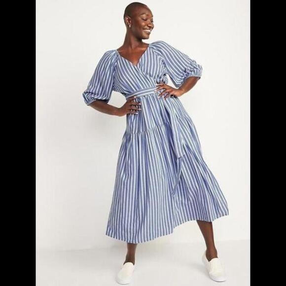 Old Navy Wrap Maxi Dress Womens 4X Blue Striped Puff Sleeve Side Tie Vacation - Picture 1 of 10